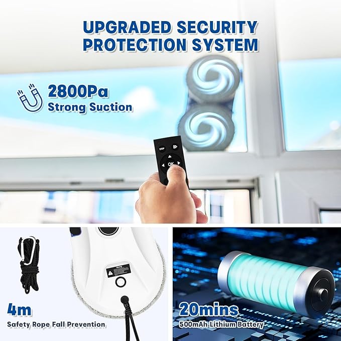 Window Cleaning Robot 2800Pa Robot Window Cleaner with Intelligent Edge Detection Remote Control Automatic Window Cleaner Suitable for Indoor/Outdoor Glass Mirrors Tiles