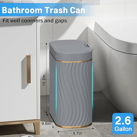 steo spce Bathroom Small Trash Can with Automatic Touchless Lid 2.6 Gallon Smart Garbage Can Narrow Waterproof Trash Bin for Bedroom Office Living Room (Gold Grey)