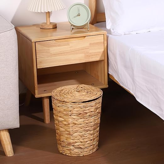 2 Pcs Wicker Trash Can with Lid and Liner 2.7 Gallon and 1.88 Gallon Wastebasket Garbage Can Boho Storage Basket for Bathroom Bedroom Home Office Kitchen