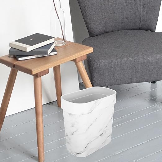 Marble Pattern Narrow Trash Can Featuring Fixed Ring Design Oval Plastic Wastebasket for Bathroom Kitchen Bedroom Lidless Modern Rubbish Bin for Home and Hospitality Use