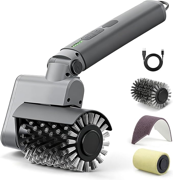 Electric Grill Brush 3-in-1 Kit – Cordless BBQ Cleaner with Reinforced Safe Metal Bristles – 2 Hours Runtime Waterproof &amp Dishwasher Safe Removable Brushes for Deep Cleaning (Light Gray)
