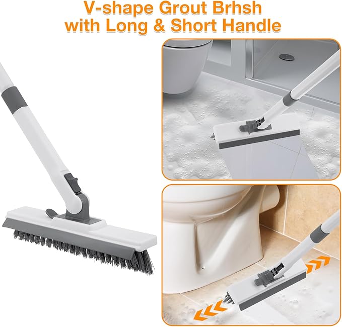 4 in 1 Shower Scrubber Cleaning Brush Tub and Tile Scrubber with Long Handle Grout Brush Stiff Bristles Scrub Sponge Brushes Microfiber Pad for Toilet Bathroom Kitchen Wall Floor Glass Bathtub Sink