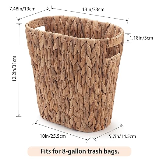 Bathroom Trash Can Handwoven Wicker Trash Can with Handles for Bedroom Living Roon Kitchen Bathroom and Office Water Hyacinth Wicker Waste Basket 1 Pack 13L x 7.5W x 12.2H 3.2 Gallon