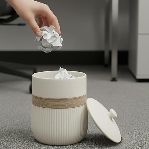 Escenzy Luxury White Bathroom Trash Can with Lid 5L | 7 x 10 | Modern Ceramic Trash Can | Decorative Waste Basket for Bathroom Bedroom Kitchen Hotels or Living Room Decor | Ideal Gift