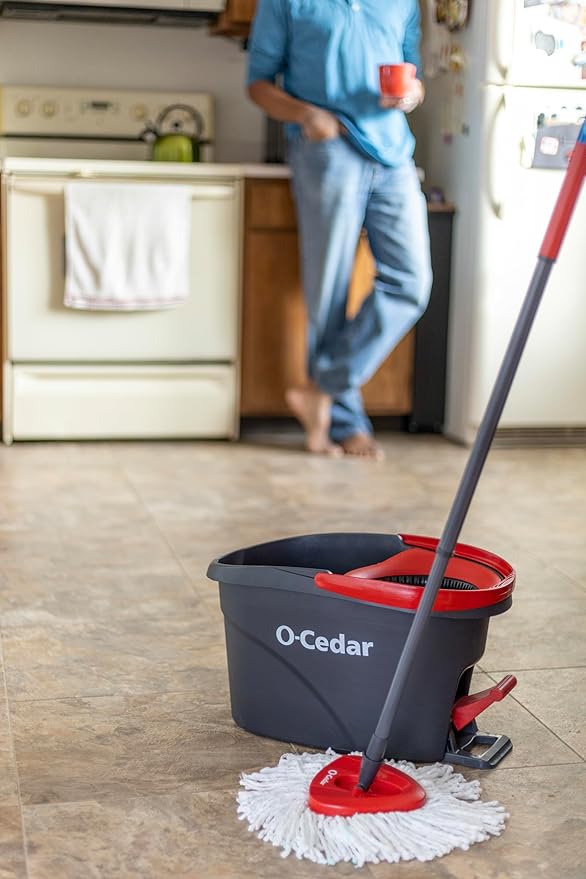 O-Cedar Easywring Microfiber Spin Mop &amp Bucket Floor Cleaning System with 4 Extra Refills