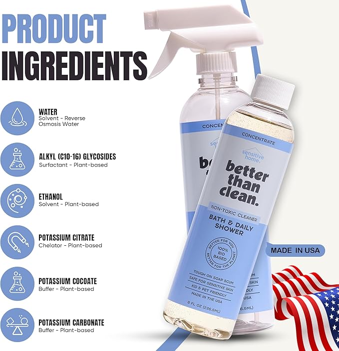 Better Than Clean™ Bath and Shower Cleaner Starter Pack – Fragrance Free Plant-Based Non-Toxic Bathroom Cleaner with 8oz Concentrate &amp 16oz Empty Refillable Spray Bottle