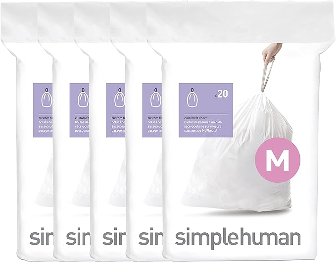 simplehuman Code M 100 Count Dispenser Pack Custom Fit Liners Drawstring Trash Bags 45 Liter / 11.9 Gallon White