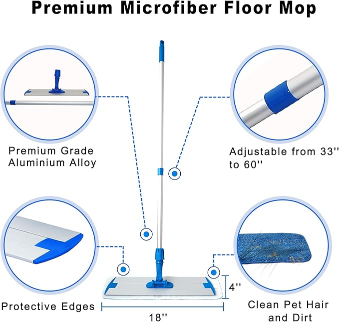 Mr. Towels Premium Microfiber Floor Mop + 2 Reusable 18 Washable Mop Pads. 360 Rotating Aluminum Extended Handle Adjustable 33 - 60. The Perfect Solution as Tile Laminate Hardwood Floor Cleaner