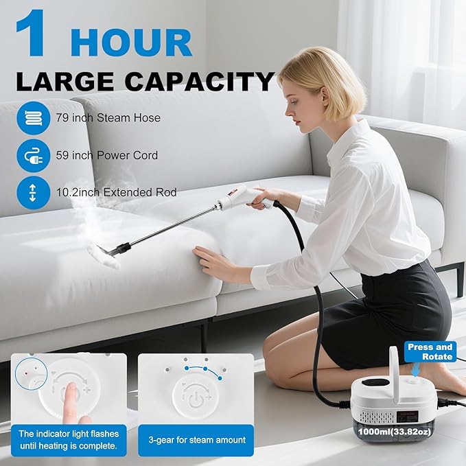 1L Handheld Steam Cleaner for Home and Kitchen Cleaning 2500W 15s Fast-Heating &amp 3 Speeds Portable Steam Cleaner Multi-Surface Deep Cleaning Supplies for Surface Corner Crevice (110V White)