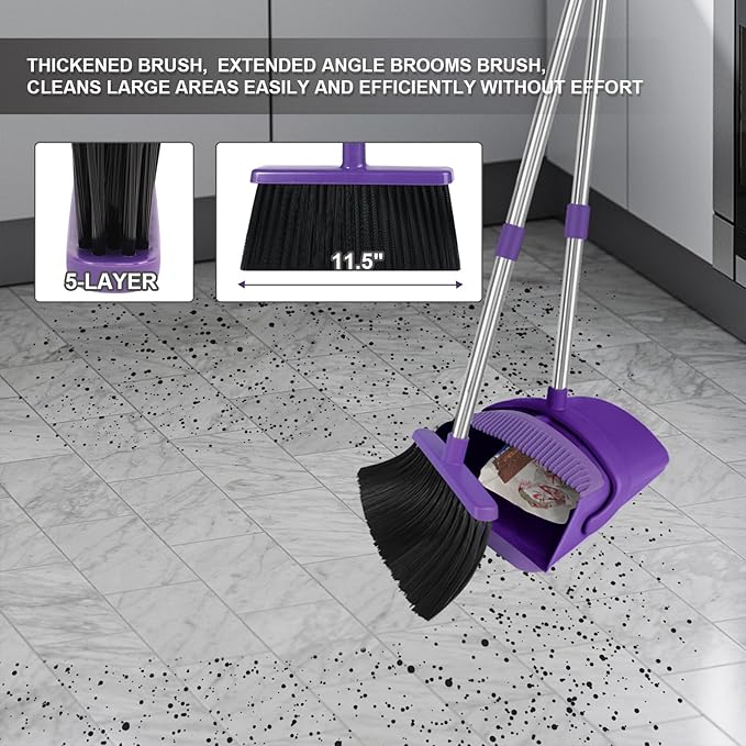 Purple Broom with Dustpan Combo Set 51 Long Handle Household Cleaning Tool Ideal Broom and Dustpan Set for Pet Hair and Home Use