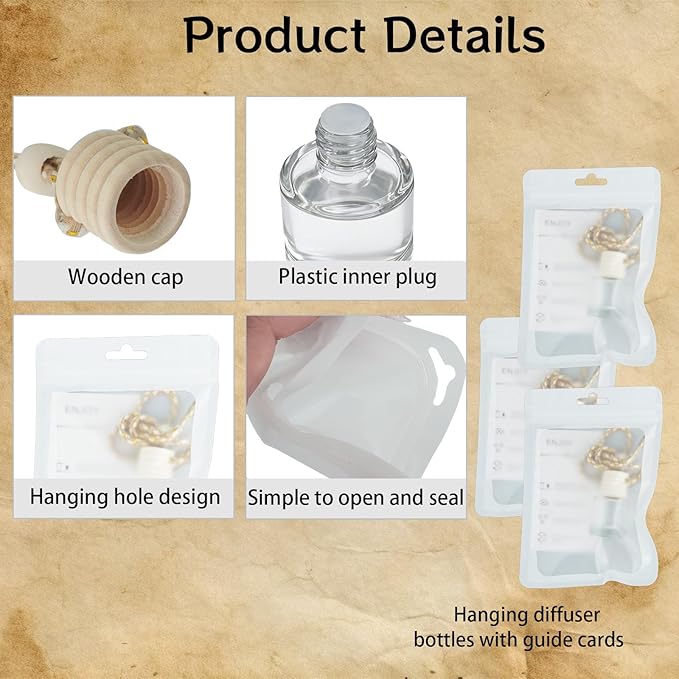 110 Sets Hanging Car Air Freshener Diffuser Bottles with Instruction Card Droppers and 4 x 6'' Resealable Holographic Bag Empty Car Essential Oil Perfume Bottles for Aromatherapy(Cylinder)