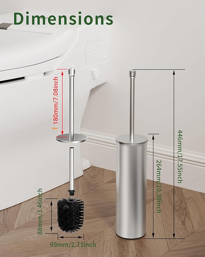 Toilet Brush and Holder Set Toilet Bowl Brush for Bathroom with Long Handle Stainless Steel Toilet Cleaner Brush with Durable Scrubbing BristlesSplash-Proof (Brushed Nickel)