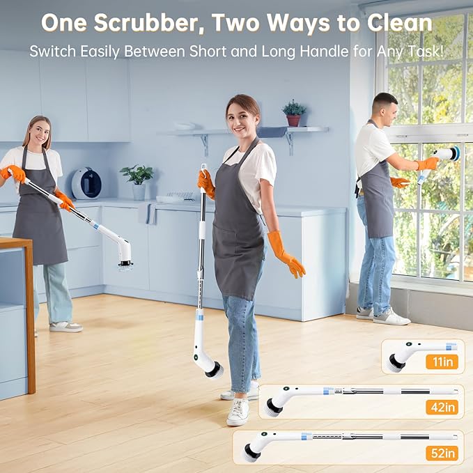 Electric Spin Scrubber Cordless Shower Scrubber with 8 Scrub Brush 2 Speed with Adjustable Extension Handle Battery Level Display Power Scrubber for Bathroom Bathtub Tile Floor White