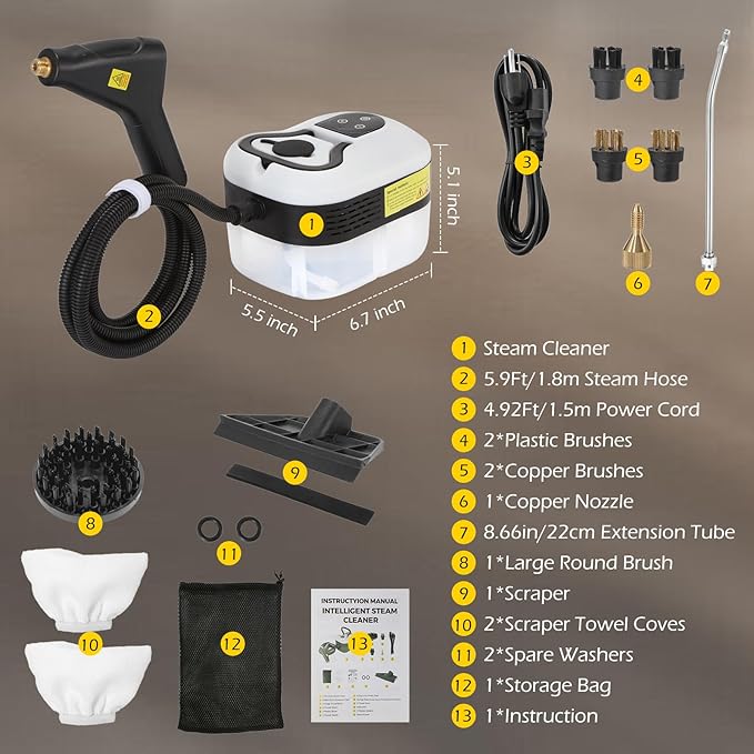 Dyna-Living Steam Cleaner 1500W Handheld Steamer for Cleaning 221℉ High-Temp Portable Car Steamer Cleaner Intelligent Touch Panel &amp Spray Gun Control Steamer Cleaner for Car