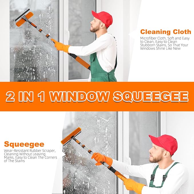 30FT Reach 2-in-1 Window Squeegee Professional Window Washing Kit with 5-24FT Extension Pole for Home Indoor Outdoor Squeegee with Rotatable Head for High Windows