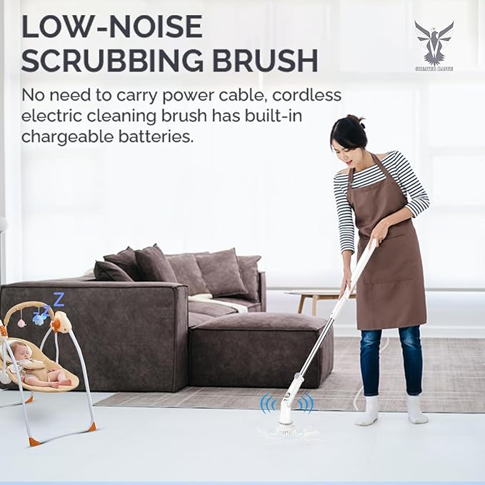 Electric Spin Scrubber - Cordless Cleaning Head with 6 Replaceable Brushes - 90° Rotatable - Ideal for Floor Window Cars - Ivory White