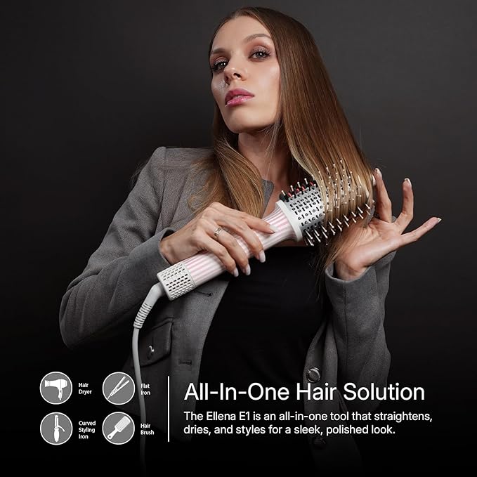 Ellena E1 Blow Dryer + Straighten Hair Brush Dual Mode Hot Air Brush with 110000RPM High Speed Brushless Motor/Oval Air Barrel/3D Teeth Heated Comb/Handheld Cored Styler Tool for All Hair Types