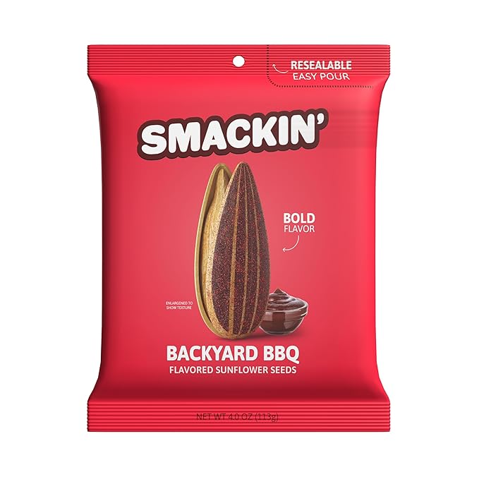 SMACKIN' - Jumbo Roasted Sunflower Seeds No Salty Burn American Made Easy Pour &amp Seal - Backyard BBQ 4oz bag (12 Bags)