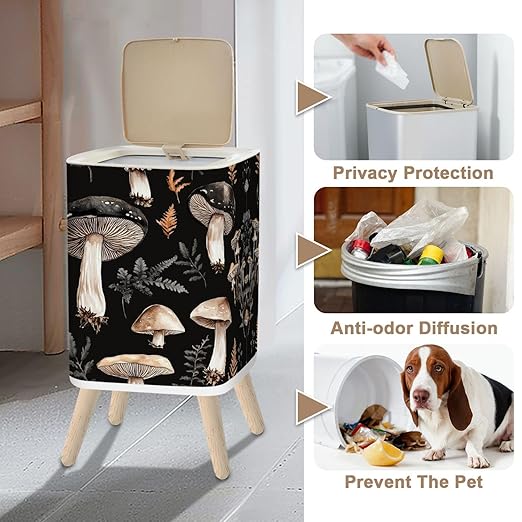 Small Trash Can with Lid Mushroom Seamless Boho Black Brown Mushroom Forest Vintage Mushrooms 2.6 Gallon/10L Garbage Can Waste Bin with Pop-Up Lid Wood Legs Wastebasket for Bathroom Kitchen Bedroom