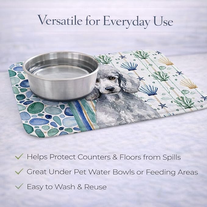Caroline's Treasures Standard Silver Poodle Coastal Sea Glass Dish Drying Mat Absorbent Dish Drying Mat Pad for Kitchen Counter Dish Drainer Mat for Countertop 14 x 21 Multicolor