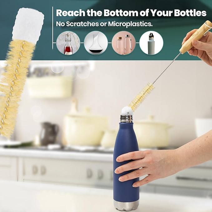 Bottle Brush Set - Ergonomic &amp Plastic Free Bamboo Bottle Brush All in One Bottle And Straw Brush Cleaning Set Sturdy Eco Friendly Water Bottle Cleaner Brush Set Great Baby Bottle Cleaner Brush