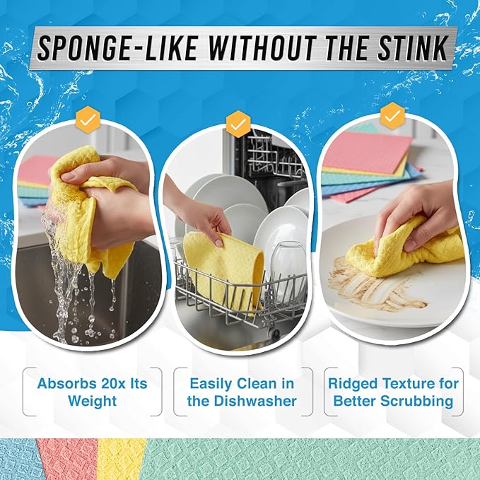 ACTIVE Swedish Dishcloths and Dishwasher Cleaner - Includes 12pk Cellulose Dish Cloths and 24ct Dishwasher Cleaning Tablets