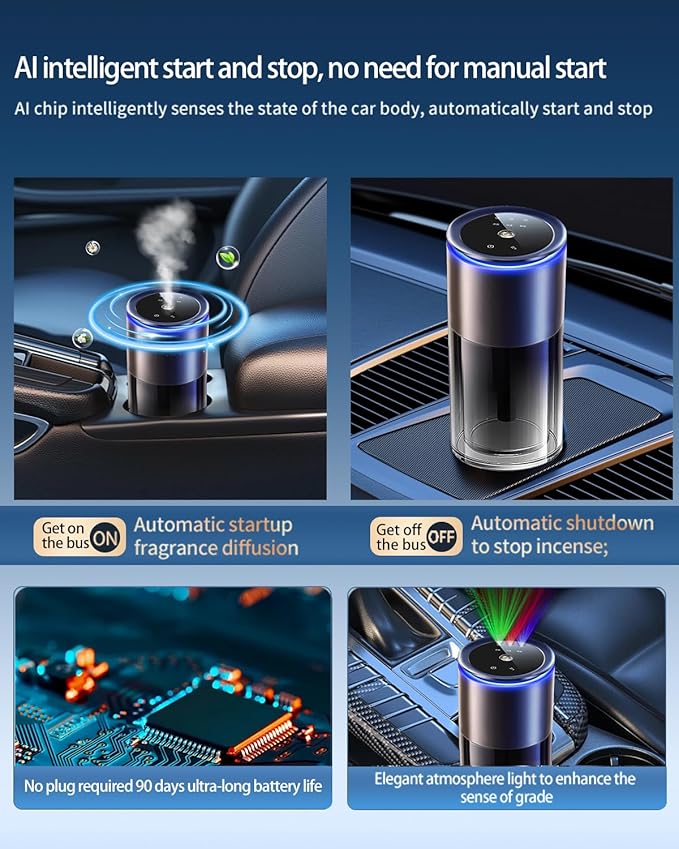 Smart Car Air Freshener New Car Smell Larger 160ml Capacity Long-Lasting 8-Month Fragrance Auto On/Off Quiet Operation Three Colors Stylish Ambient Light Premium Scent for Men (Ocean Fragrance)
