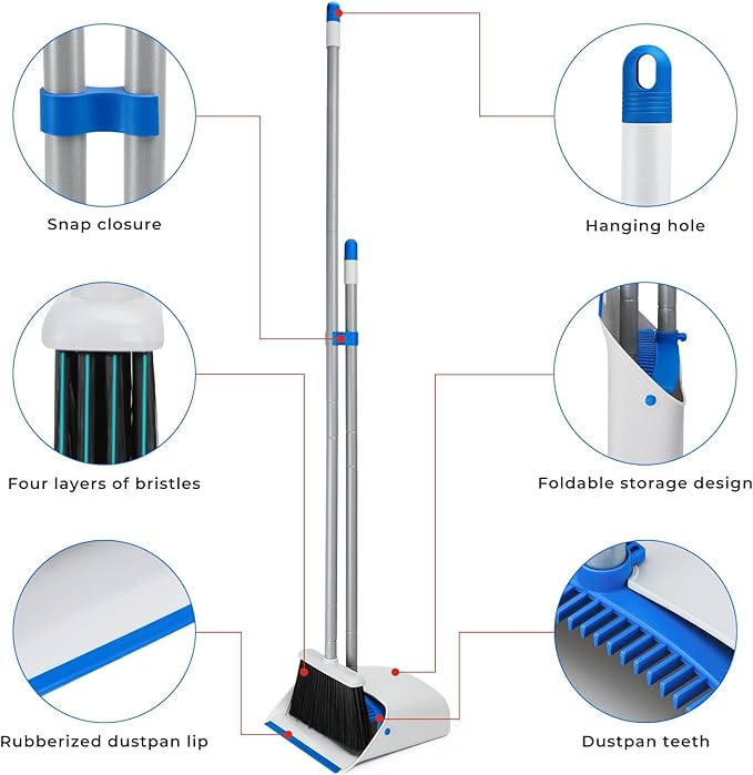 Broom and Dustpan Set with Long Handle 52 Standing Broom and Dust Pan Set for Home Kitchen Room Office Lobby Blue