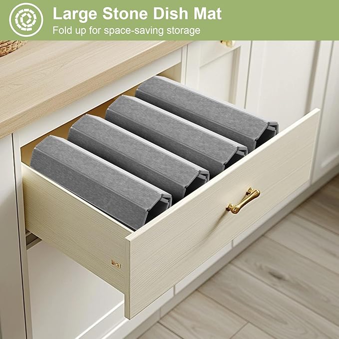 Grey Stone Drying Mat for Kitchen Counter Foldable 24 x 16 Diatomaceous Earth Dish Drying Mat Quick-Dry and Absorbent Mat for Dishes Bottles Cups Bathroom or Countertops