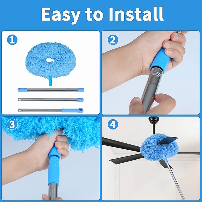 Ceiling Fan Cleaner Duster &amp Cobweb Duster with Extension Pole 15 -100 Reusable Microfiber Ceiling Fan Blade Cleaner Removable Duster (Blue) for Cleaning High Ceiling Fan Interior Roof Spider We