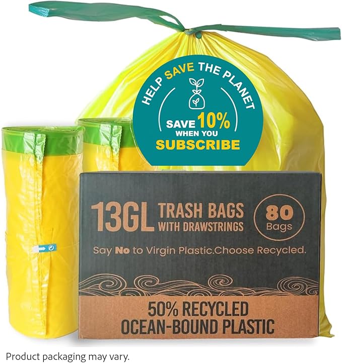 13 Gallon Trash Bags with Drawstrings 80 Bags Made from 50% Recycled Plastic Leakproof and Tear-Resistant Tall Kitchen Garbage Bags for Home and Office