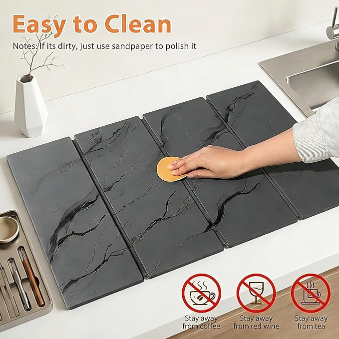 Large Stone Dish Drying Mat for Kitchen Counter 2 PCS Quick Dry Diatomaceous Earth Dish Mat Set – Foldable Water Absorbing Kitchen Accessories for Countertop(Dark Gray 24x16&amp8x4)