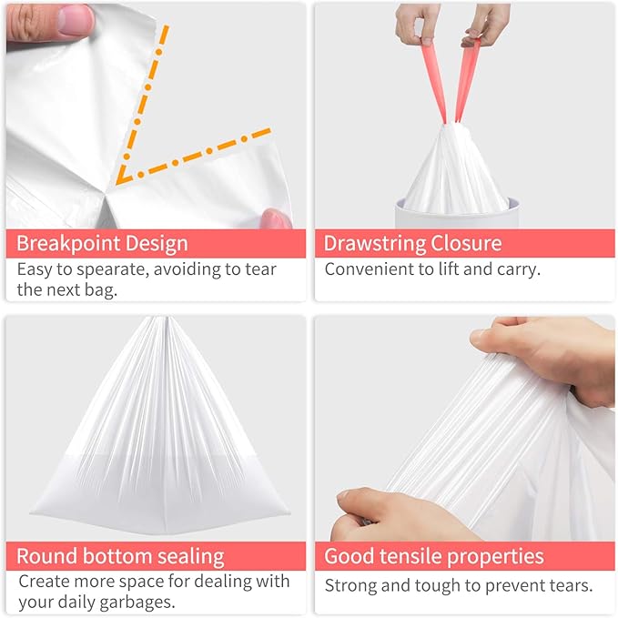 Small Trash Bags KONE 192 Count 4 Gallon Drawstring Extra Thick Garbage Bags Wastebasket Bin Liners Plastic Trash Bags for Bathroom Bedroom Office Car Kitchen Home