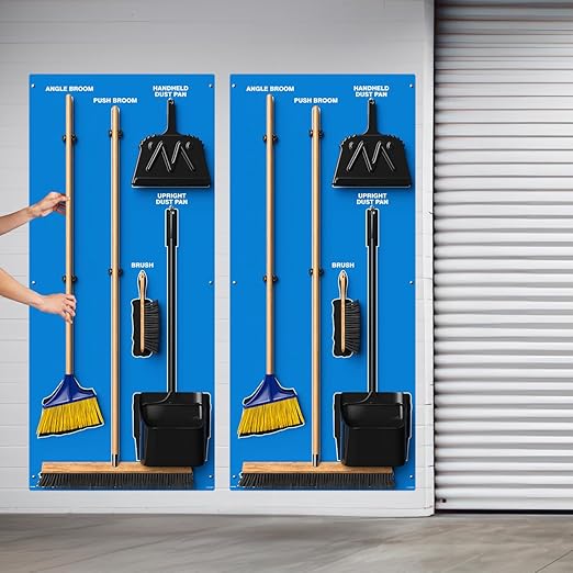 Clean &amp Sweep 5S Shadow Board/Wall Mount Broom Holder 68 x 30 Board 5S Cleaning Station - with Broom and Dustpan Set Included Made in The USA by AccuformNMC Blue/Black PSB716BUBK