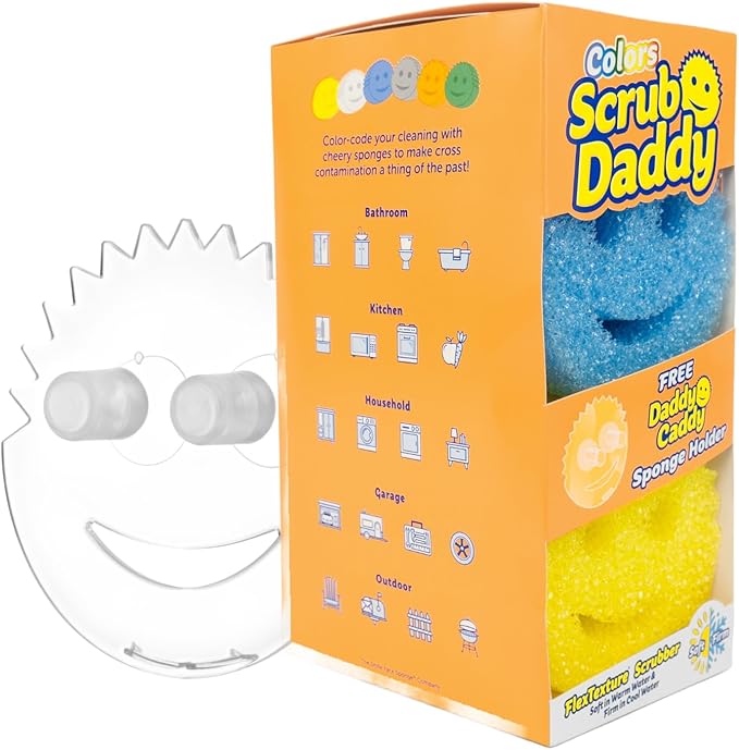 Scrub Daddy 6 Kitchen Sponges &amp 1 Daddy Caddy Dish Sponge Holder - BPA Free &amp Made with Polymer Foam - Stain &amp Odor Resistant Scratch-Free Multipurpose Scrubbers