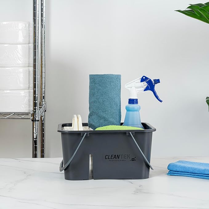 Restaurantware-Clean Tek Professional Cleaning Caddy 1 Cleaning Supply Caddy With Handle - 4 Compartment Multipurpose Gray Plastic All-Purpose For Bathroom Bedroom Kitchen Or Garden