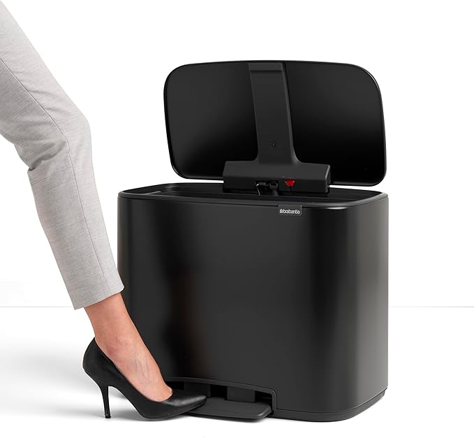 Brabantia Bo Step-On Kitchen Trash Can with Dual Compartments | Matt Black | 3 + 6 Gal Inner Buckets | Soft-Close Garbage Can Light Pedal Operation Stay-Open Lid | Fits Against Wall | + Trash Bags