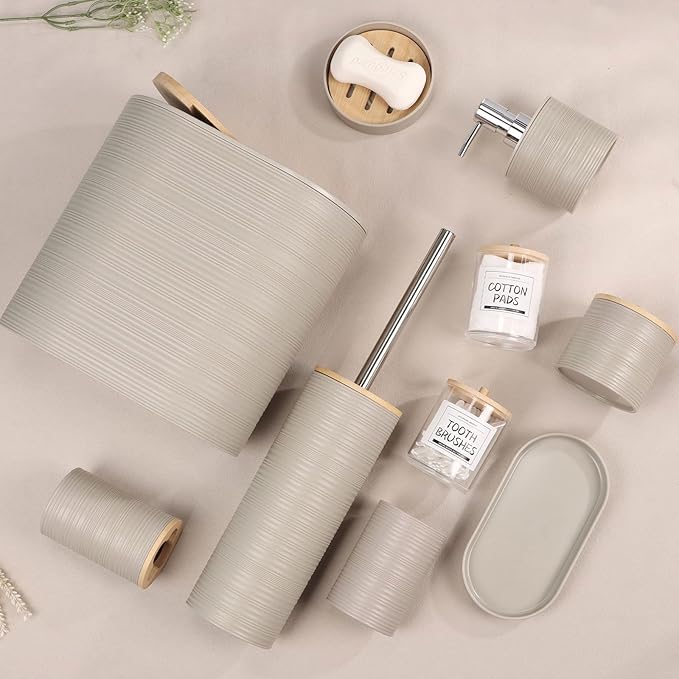 IMAVO Bathroom Accessory Set-11Pcs Beige Bathroom Accessories Set with Trash CanSoap DispenserSoap DishToothbrush HolderToothbrush CupToilet Brush HolderQtip Holder Dispenser with Labels