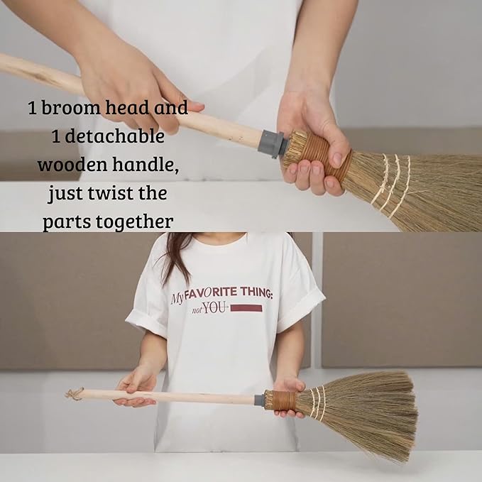 Natural Whisk Sweeping Hand Handle Broom - Vietnamese Straw Soft Broom for Cleaning Dustpan Indoor - Outdoor - Decorative Brooms - Wooden Handle - 9.84'' Width 27.55 Length