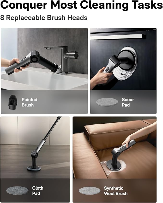 HOTO Flexi™ Cordless Electric Spin Scrubber Adjustable Angle Extendable Handle Smart Display IPX7 Waterproof Powerful Cleaning Scrubber with 8 Replaceable Brush Heads for Bathtub Bathroom Tile