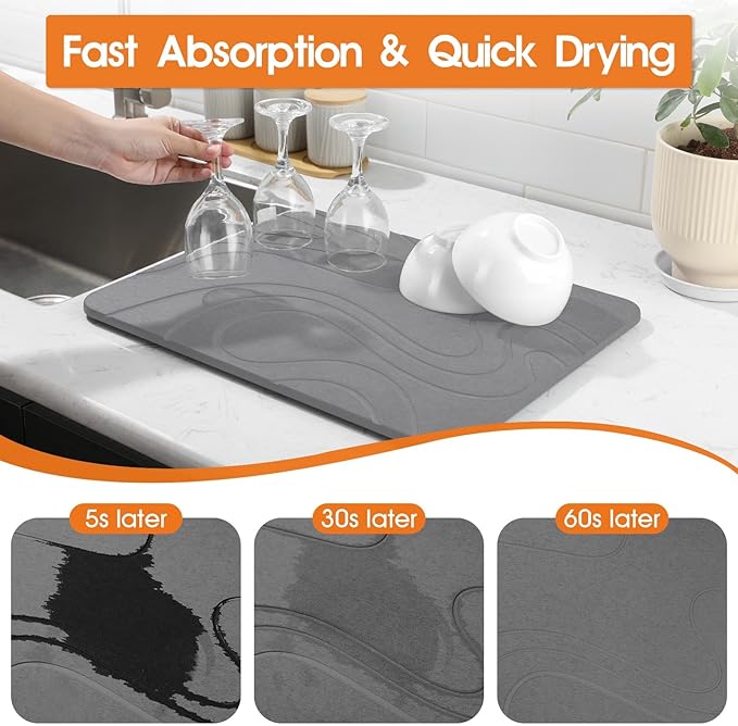 Stone Drying Mat for Kitchen Counter - 18x14 Dirt-Resistant Quick Drying Fast Absorbent Non-Slip Diatomite Mat Natural Diatomaceous Earth Dish Drying Pad for Dish Rack(Dark Grey)