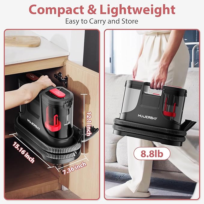 Upholstery Carpet Cleaner MUJERBAY 15Kpa Portable Spot and Stain Cleaner Shampooer Easy Move with Handle 1.5-inch Deep Cleaning Machine for Couch Stairs Car and Pet Messes.