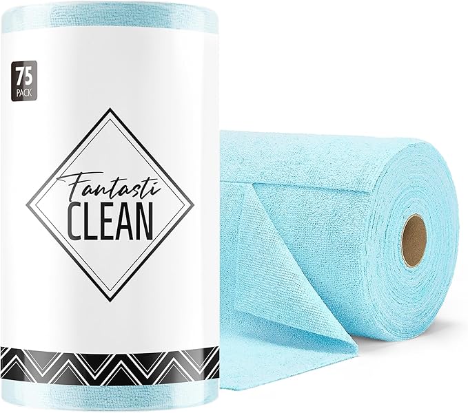 Fantasticlean Microfiber Cleaning Cloth Roll -75 Pack Tear Away Microfiber Towels 12 x 12 Reusable Washable Scratch Free Ultra Absorbent Dishcloth for All-Around Cleaning Supplies (Blue)