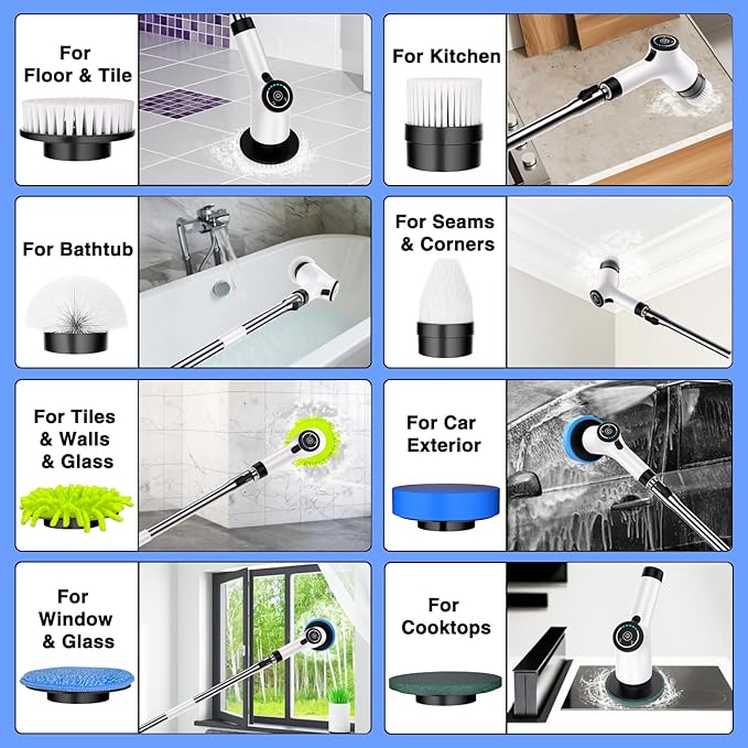 Electric Spin Scrubber Cordless Cleaning Brush with 8 Replaceable Brush Heads and Adjustable Extension Handle Power Scrubber Dual Speed Shower Scrubber for Tub Tile Floor Bathroom Kitchen Car