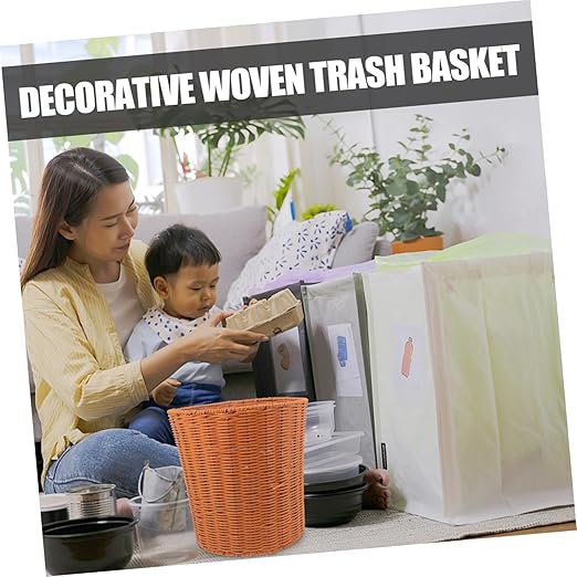 Woven Storage Basket for Home Organization Multi-Functional Imitation Rattan Wastebasket for Bedroom and Kitchen Decorative and Practical Trash for Family and Friends