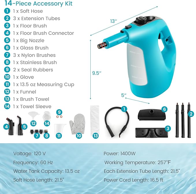 Goplus Handheld Steam Cleaner 1400W Pressurized Steam Cleaner w/Continuous Steam w/Unlimited Use Time 13.5 OZ Water Tank Child Lock &amp 14-Piece Accessory Kit Portable Chemical-Free Steamer Mop