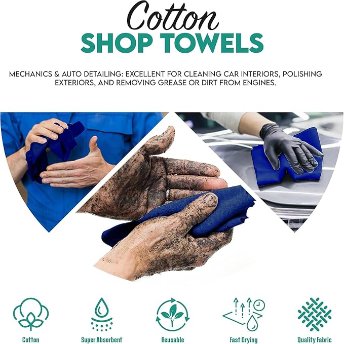 ZUPERIA Cotton Shop Towel – Multipurpose Cleaning Cloths (14 x 12 - Pack of 150 - Blue) Reusable Shop Rags for Automobiles Industrial Restaurants Garage and Homes