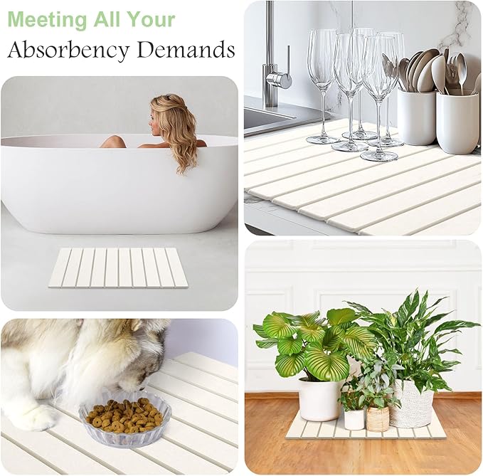 White Stone Drying Mat for Kitchen Counter Foldable 24 x 16 Diatomaceous Earth Dish Drying Mat Quick-Dry and Absorbent Mat for Dishes Bottles Cups Bathroom or Countertops