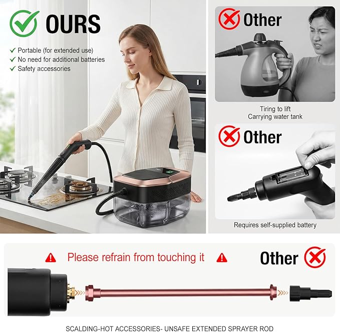 Steam Cleaner 3 Level Adjustable Pressurized Steam Cleaner for Home 10s Heat-Up Handheld Steamer for Cleaning 1.9 Qt Tank Portable Steam Cleaner for Car Home Tile Grout (Black)