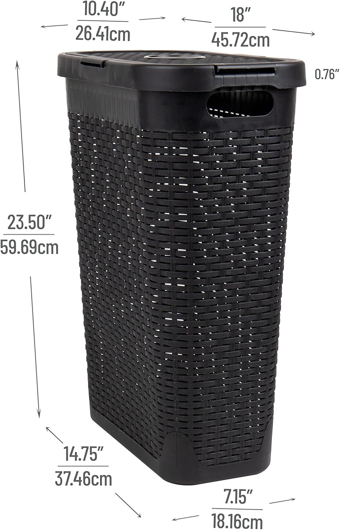 Mind Reader Slim Laundry Hamper with Lid 40L Clothes Basket Narrow Tapered Design with Ventilated Cutout Pattern Plastic Set of 2 Black